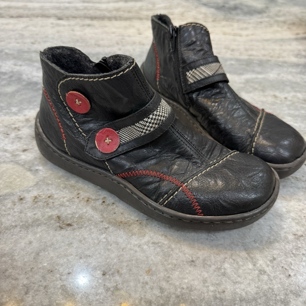 Rieker Simona 94 Ankle Boots Black Red Leather Women's Sz 6.5 Stitching Indie